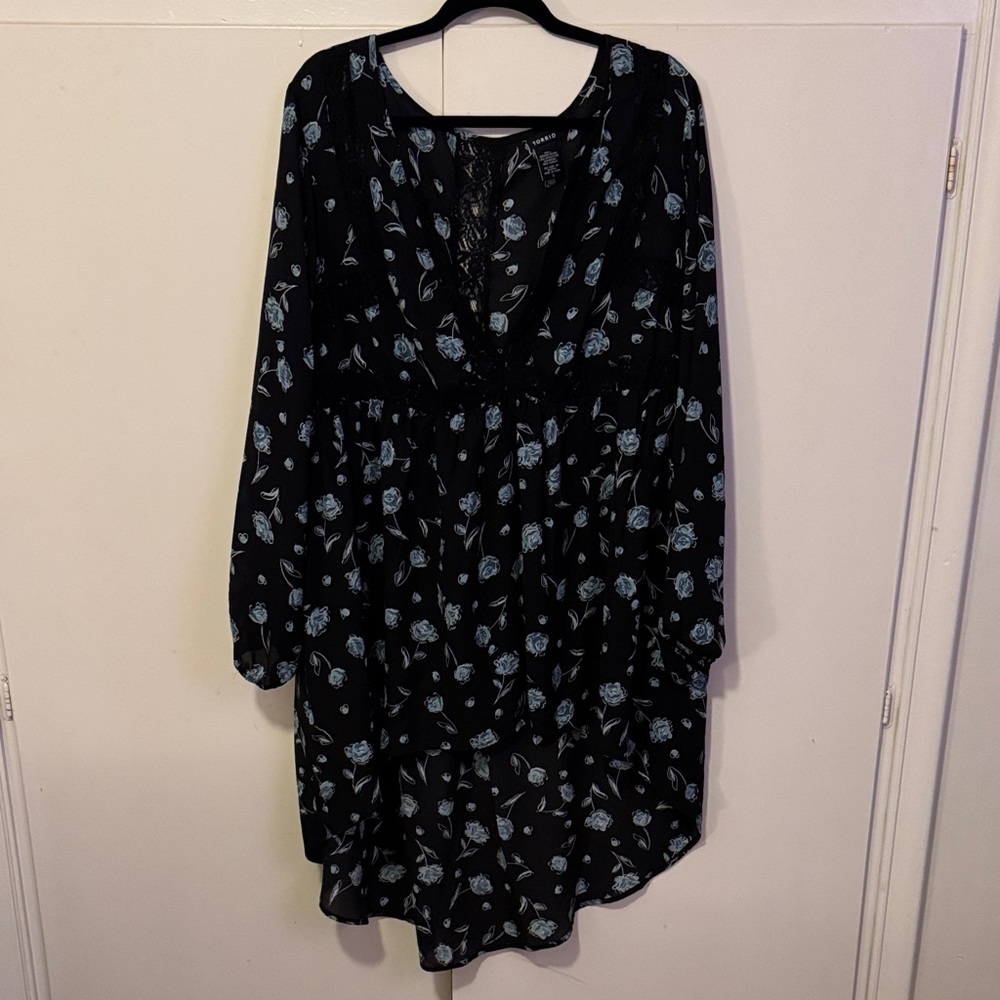 Torrid Black Blouse with Blue Floral Pattern